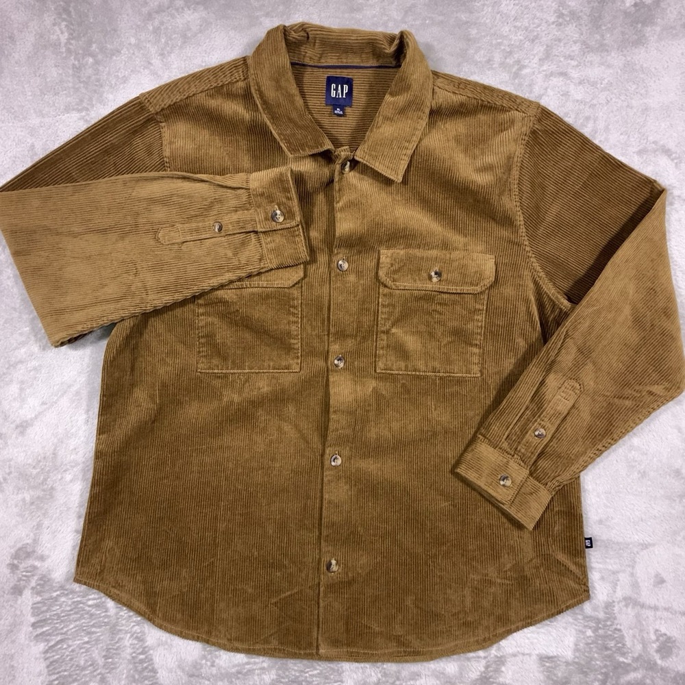 Gap Mens XL Corduroy Button Down Shacket Shirt Tan Brown Long Sleeve Cotton